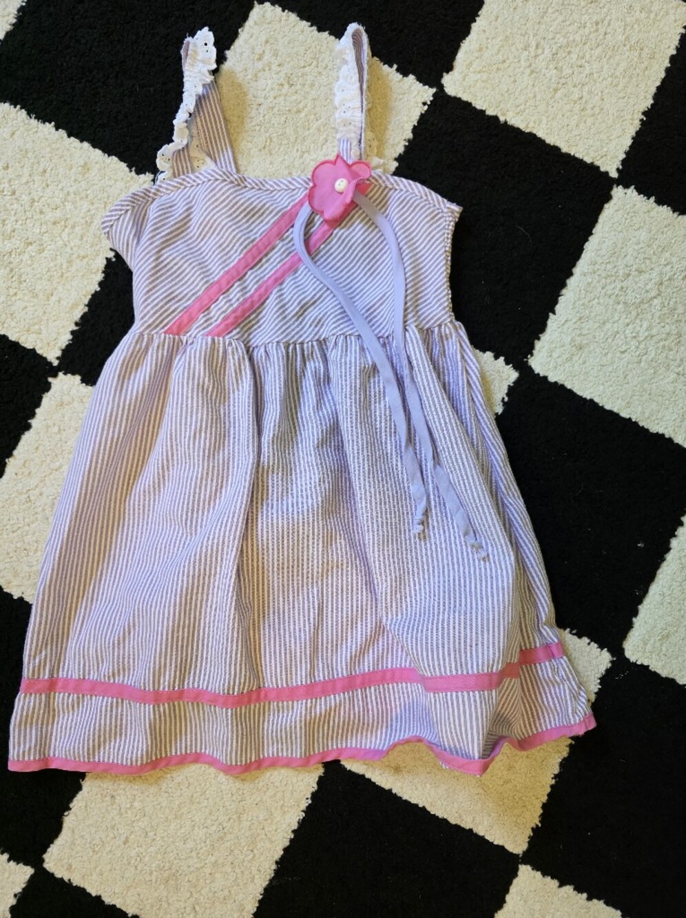 Vintage 70s 80s Girls Seersucker Sundress Purple White Stripe Smocked Eyelet 3T